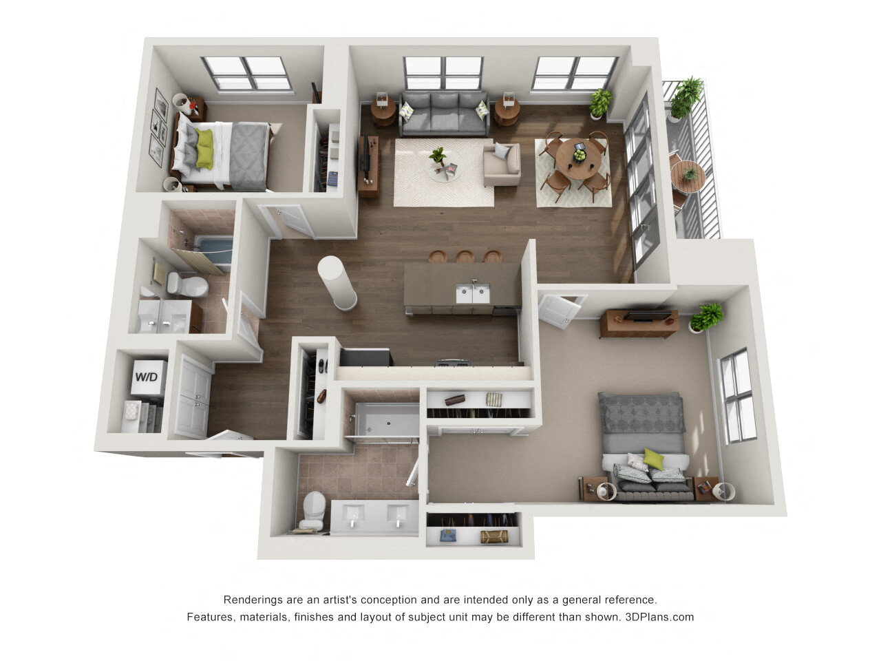 Floor plan for 2 beds, 2 baths, 1319 sqft